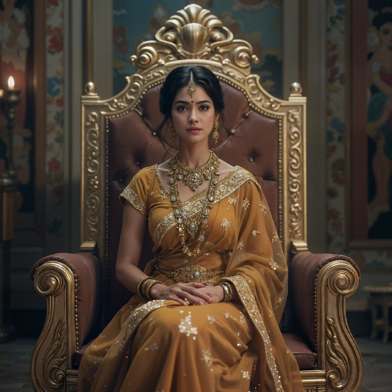 The Image Depicts A Majestic Indian Queen Seated.jpg